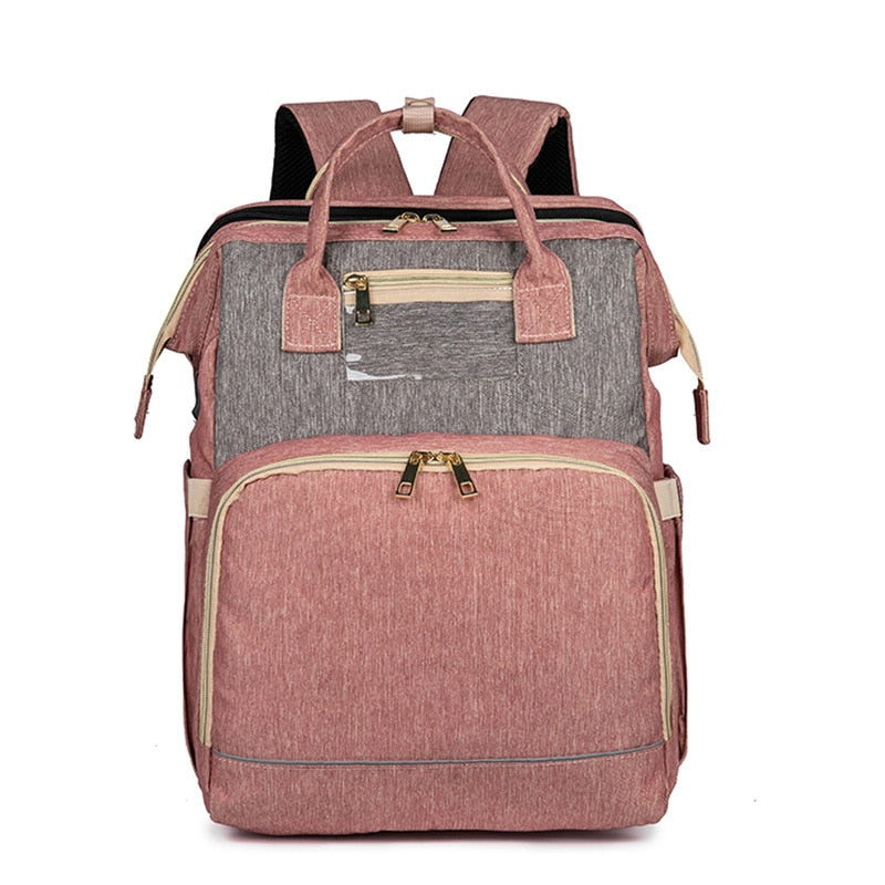 Front view of the spacious convertible nappy backpack, featuring secure zippers & durable design.