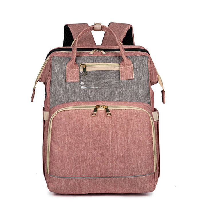 Front view of the spacious convertible nappy backpack, featuring secure zippers & durable design.