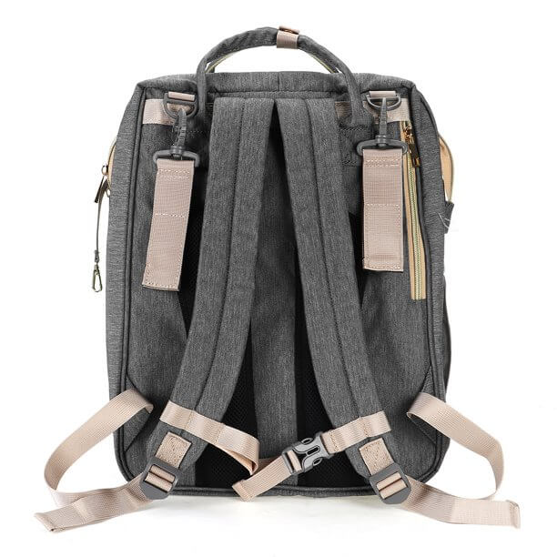 Back view of ergonomic nappy backpack straps, highlighting comfort for carrying baby essentials.