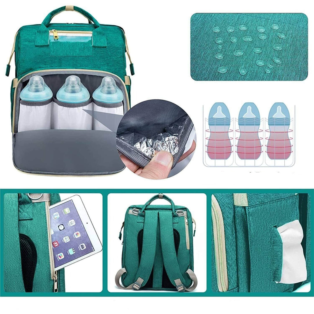 Modern unisex nappy backpack worn by a parent, seamlessly converting into a portable baby bassinet.