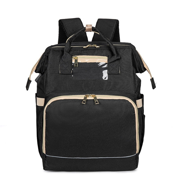 Unisex diaper travel bag attached to a stroller, functioning as a practical organizer for parents.