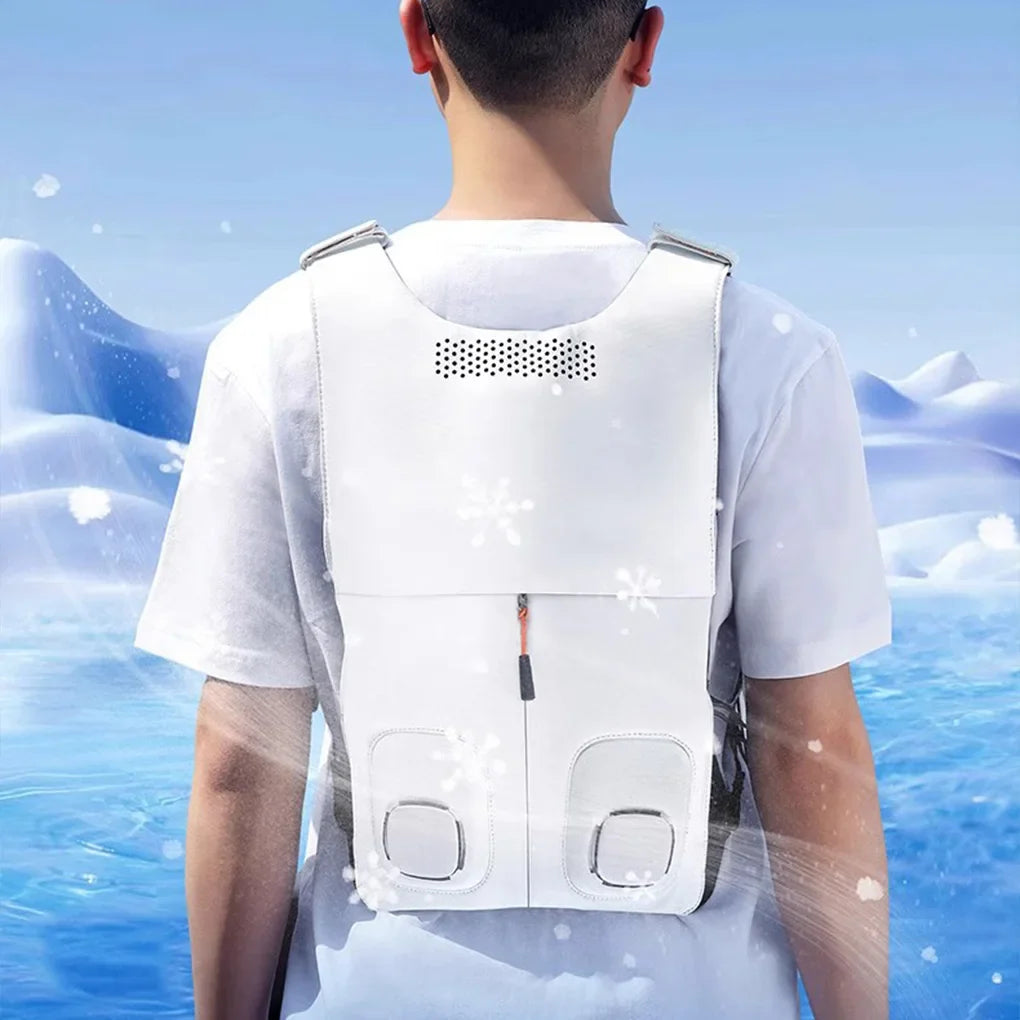 Personal cooler vest for heat relief during outdoor activities. Unisex, lightweight, waterproof, with integrated dual fans.