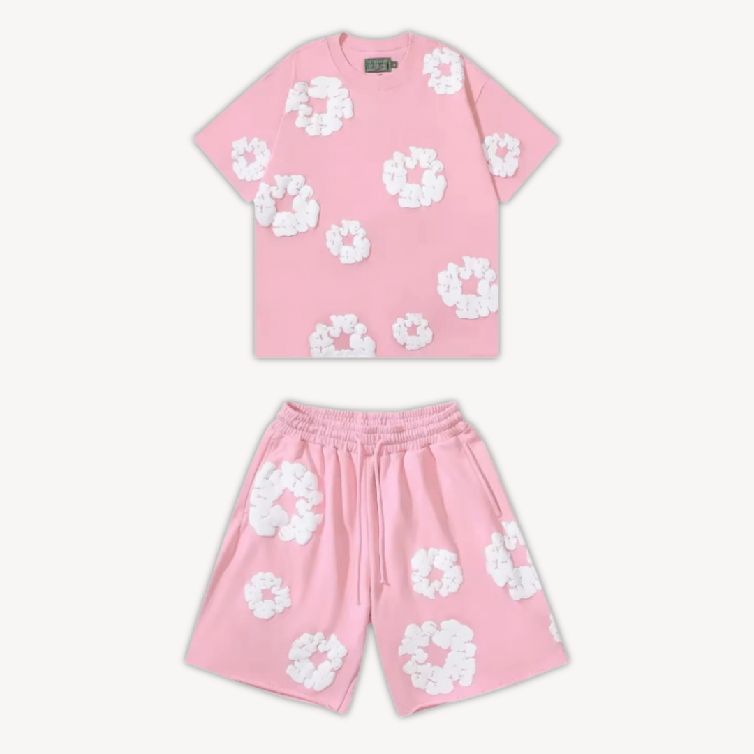 Unisex cotton floral tee and shorts set, bold floral print, soft fabric, casual wear, versatile unisex design, relaxed fit.