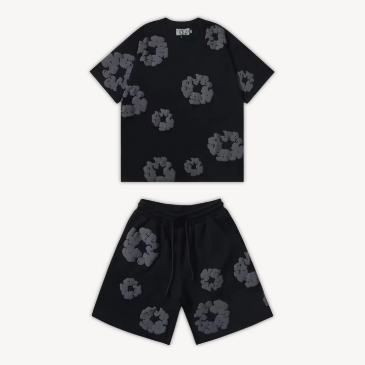 Unisex cotton floral tee and shorts set, bold floral print, soft fabric, casual wear, versatile unisex design, relaxed fit.