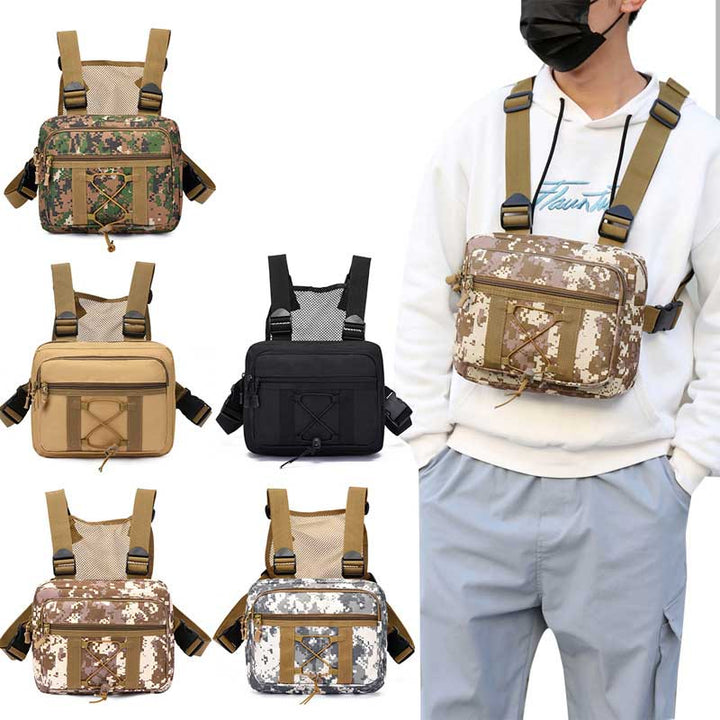 Unisex durable tactical chest rig bag with multiple pockets, perfect for outdoor adventures & hiking. Water-resistant.
