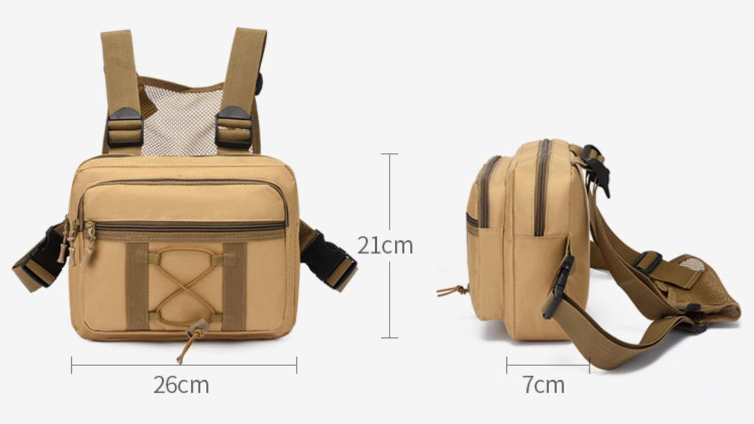 Explorer using a water-resistant multi-pocket tactical chest rig bag for secure, hands-free storage during outdoor adventures.