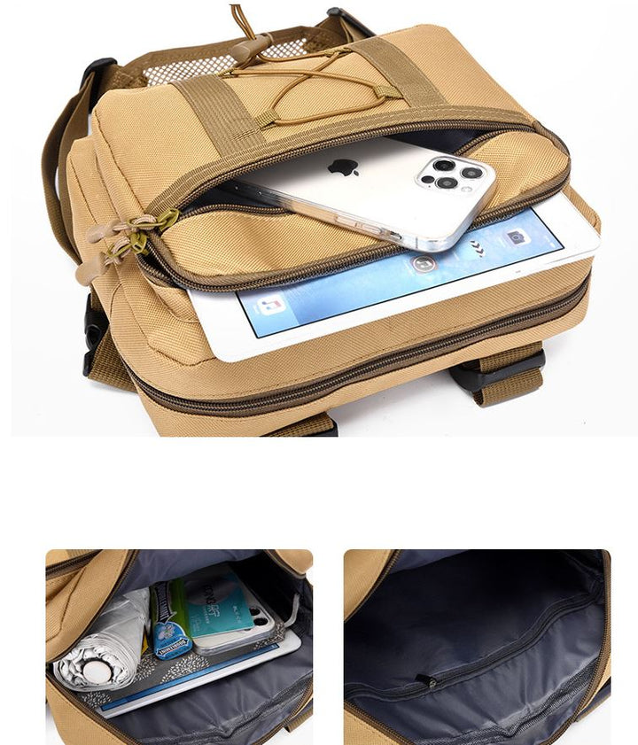 Close-up of water-resistant tactical chest rig bag, highlighting durable fabric & secure multi-pocket design for outdoor use.