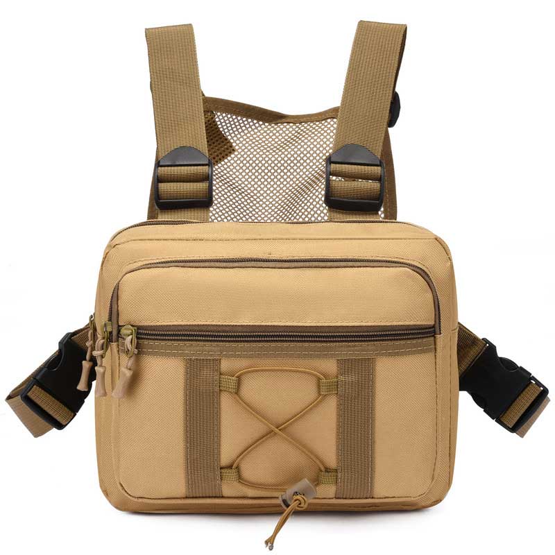 Front view of a black unisex durable tactical chest rig bag, featuring multiple secure pockets for outdoor gear & travel.