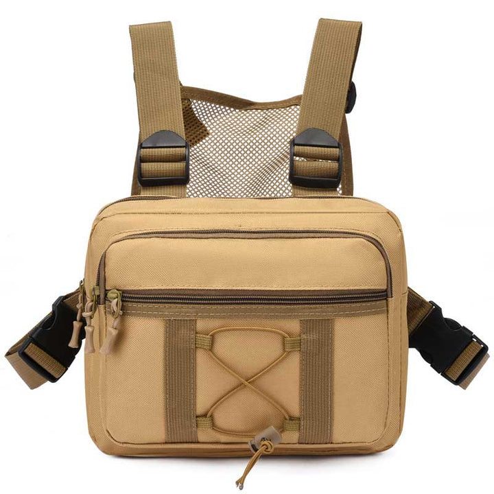 Front view of a black unisex durable tactical chest rig bag, featuring multiple secure pockets for outdoor gear & travel.