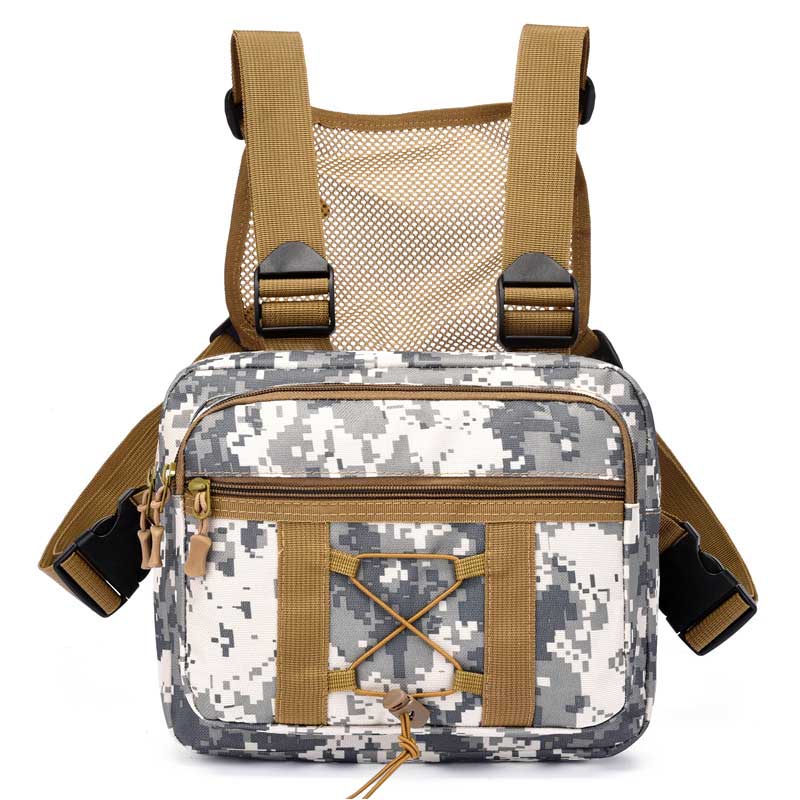 Angled shot of a water-resistant tactical chest rig bag, perfect for utility, hiking, airsoft, and adventure travel. Durable design.