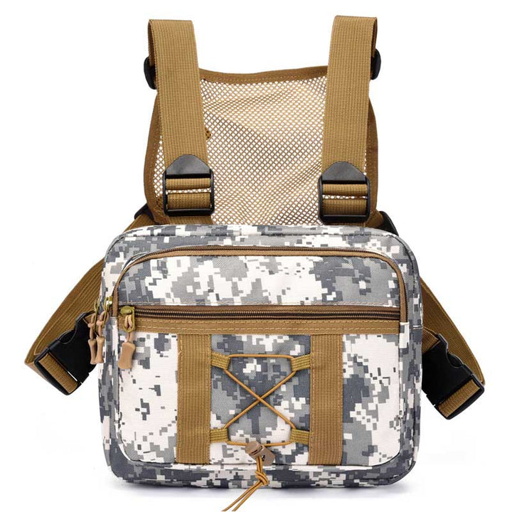 Angled shot of a water-resistant tactical chest rig bag, perfect for utility, hiking, airsoft, and adventure travel. Durable design.