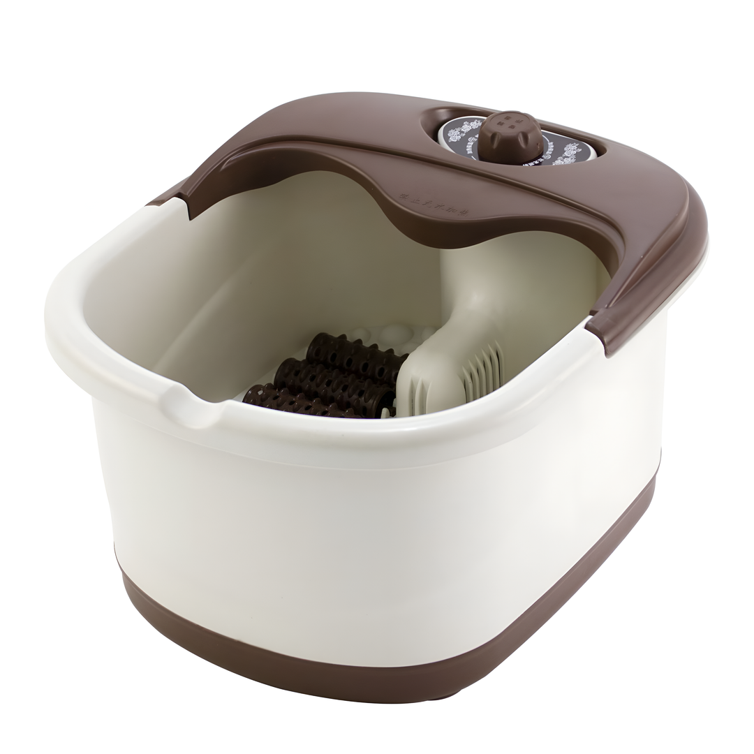 Unisex electric foot spa massager with heat, bubbles & rollers for circulation, relaxation & pain relief.
