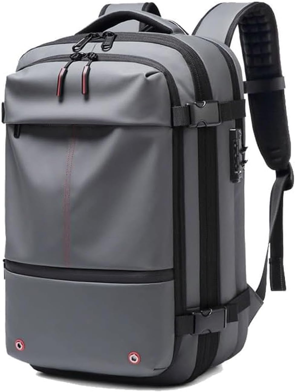 Grey unisex travel backpack featuring a wet dry compartment, ideal for gym or swim gear, expandable.