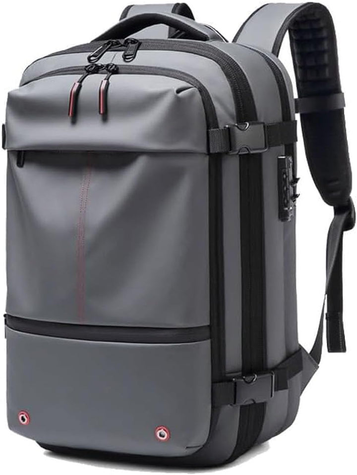 Grey unisex travel backpack featuring a wet dry compartment, ideal for gym or swim gear, expandable.