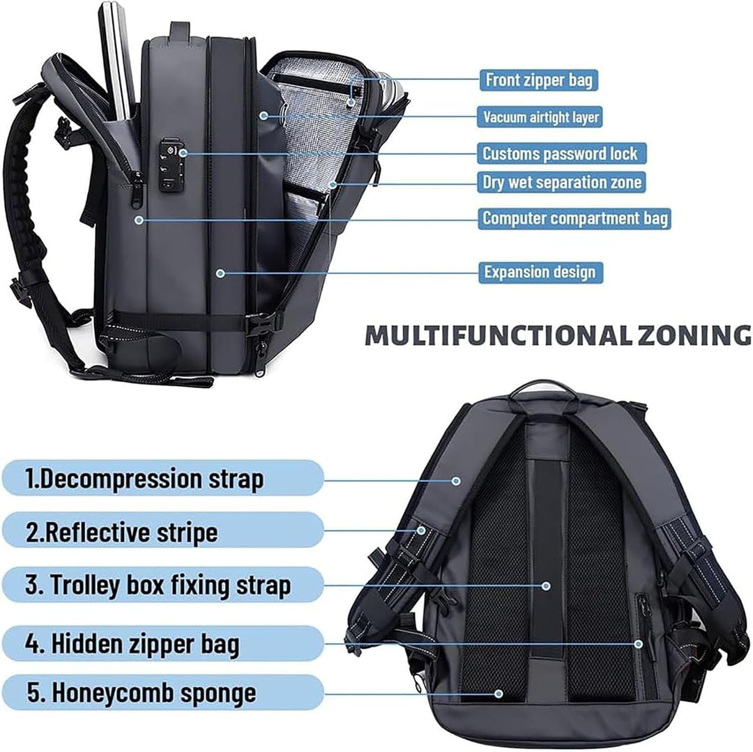 Carry-on friendly unisex expandable travel backpack, anti-theft design, weekender bag, versatile travel gear.