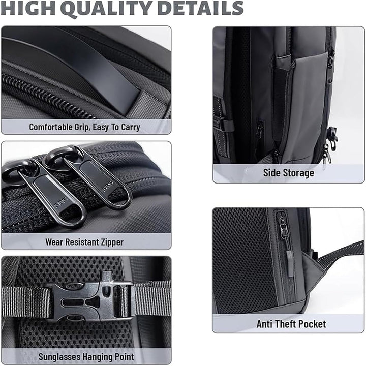 Interior of unisex travel backpack, showing spacious main compartment & separated wet dry pocket for organization.