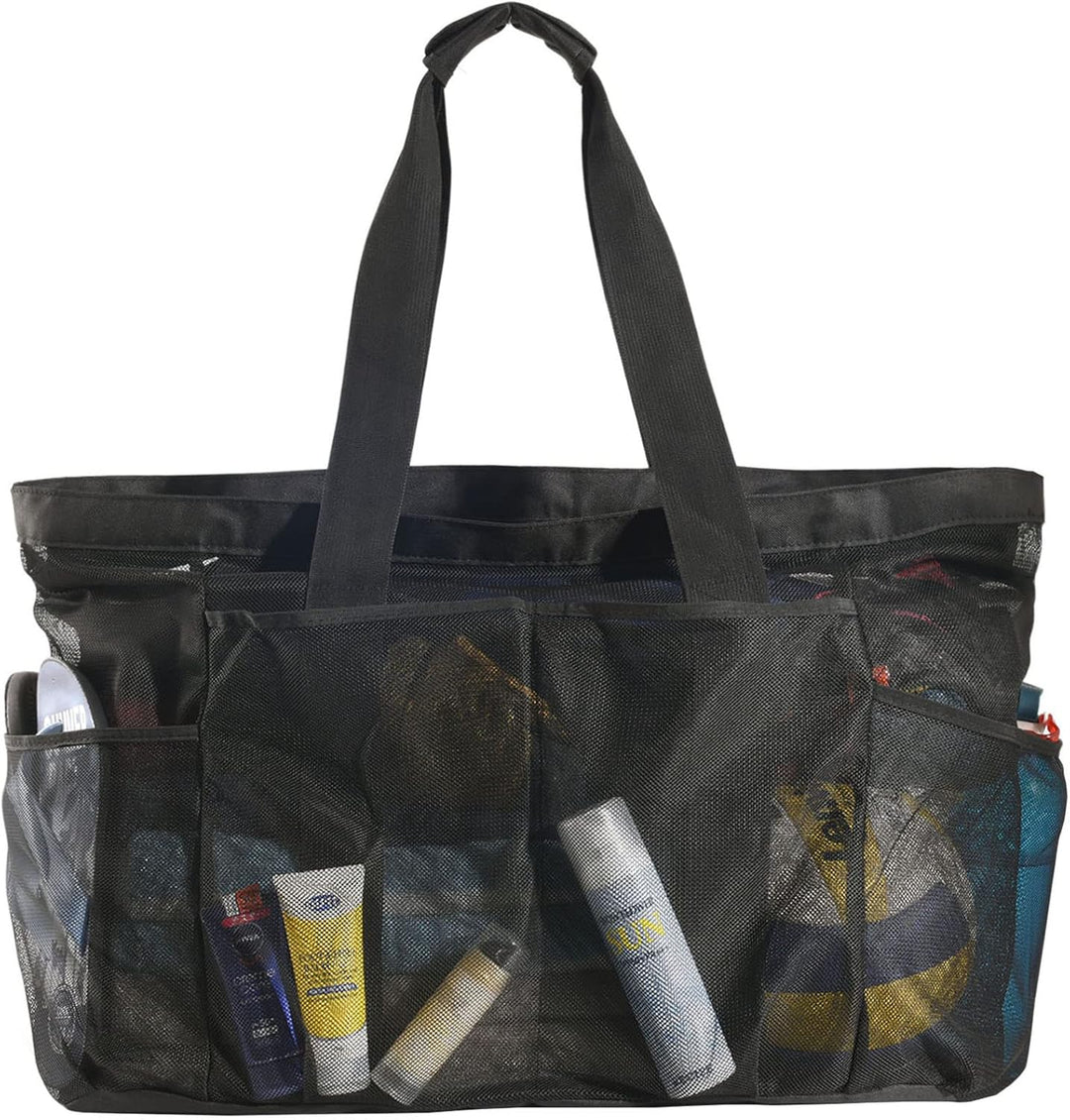 Unisex extra-large sandproof mesh beach tote bag with secure zipper, perfect for family travel & summer adventures.