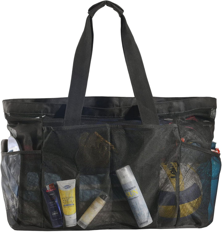 Unisex extra-large sandproof mesh beach tote bag with secure zipper, perfect for family travel & summer adventures.