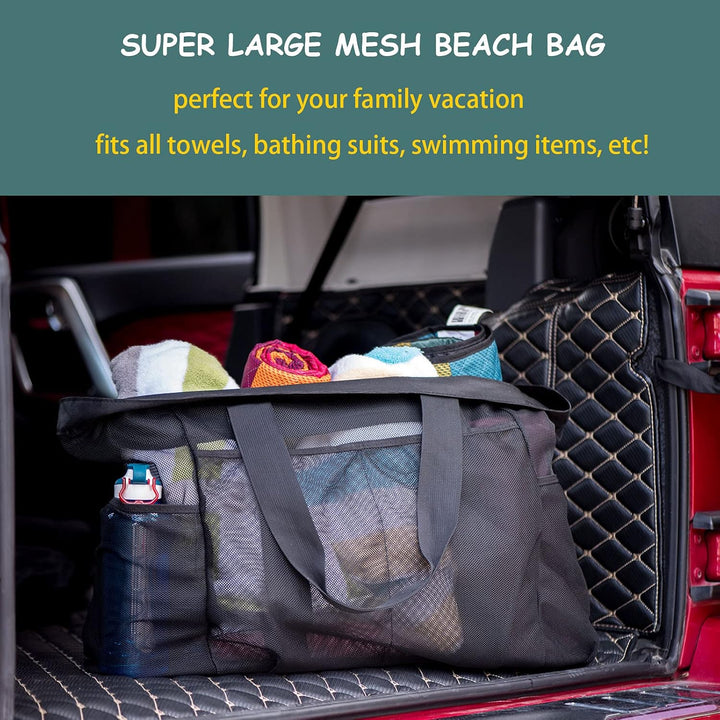 Spacious sandproof mesh beach tote, oversized with a zipper, ideal carryall for all your pool and travel essentials.
