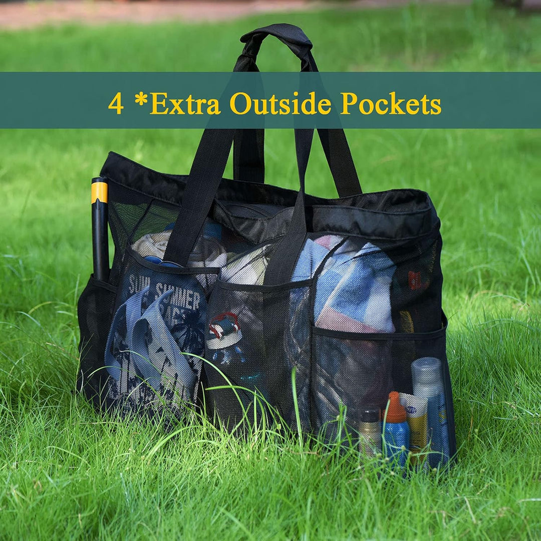 Unisex extra-large mesh pool bag, sandproof with zippered main compartment, perfect for towels, toys & accessories.
