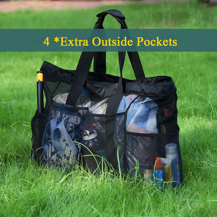 Unisex extra-large mesh pool bag, sandproof with zippered main compartment, perfect for towels, toys & accessories.