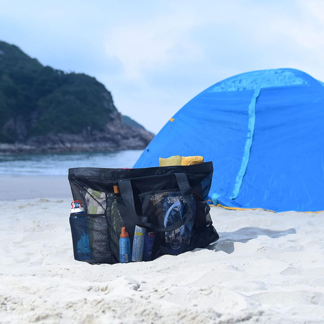 Lightweight extra-large sandproof mesh tote bag with zipper, ideal for beach trips, family outings & summer fun.