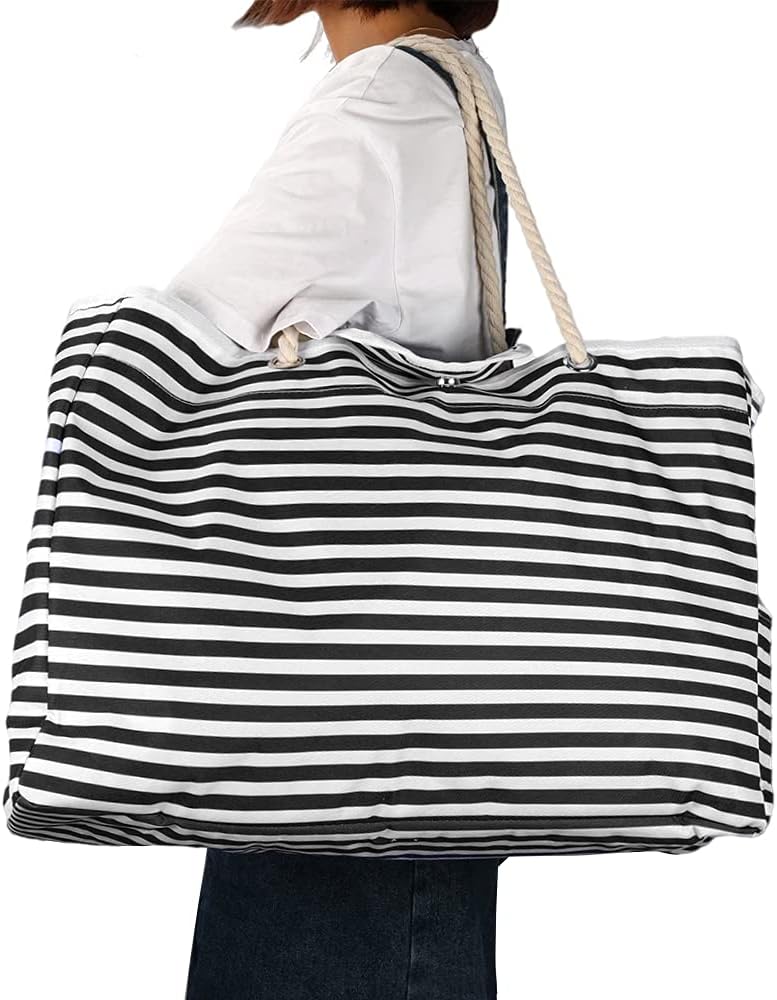 Unisex extra large waterproof beach tote bag with striped design, perfect for summer travel & pool days.