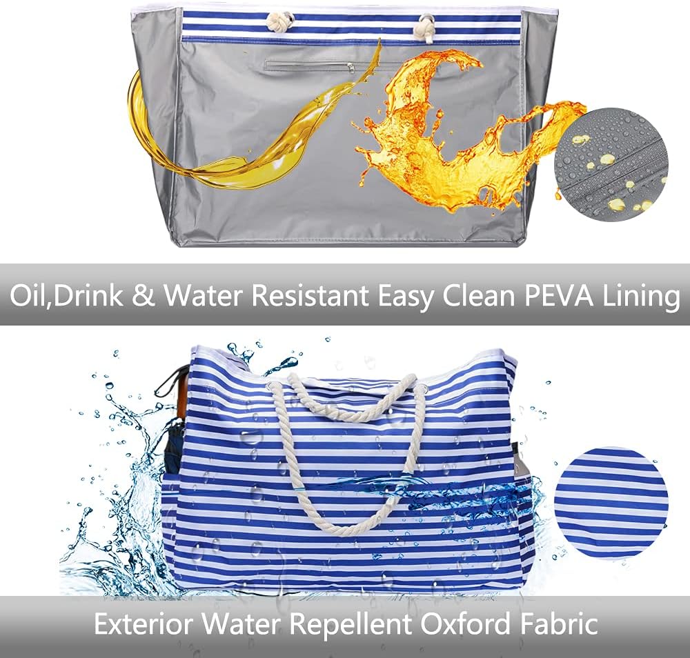 Side view of the spacious waterproof striped beach tote, demonstrating its ability to hold multiple items.
