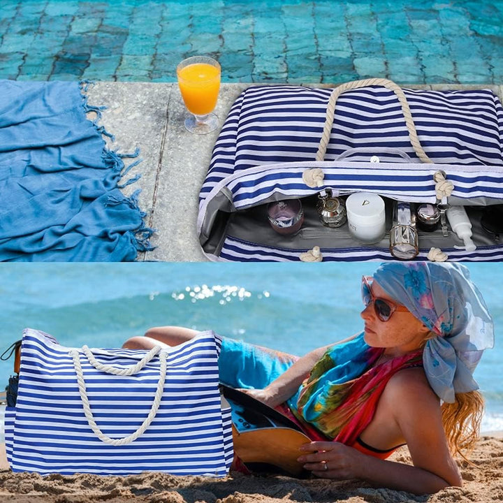 Extra large waterproof beach tote bag with a bonus smaller case, ideal for storing phones, keys, or sunscreens.