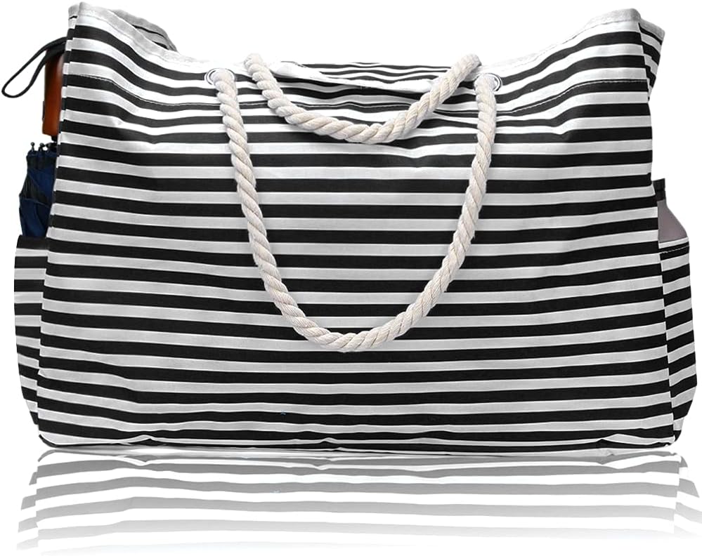 Front view of the extra large striped waterproof tote bag, great for carrying towels & swimsuits to the beach.