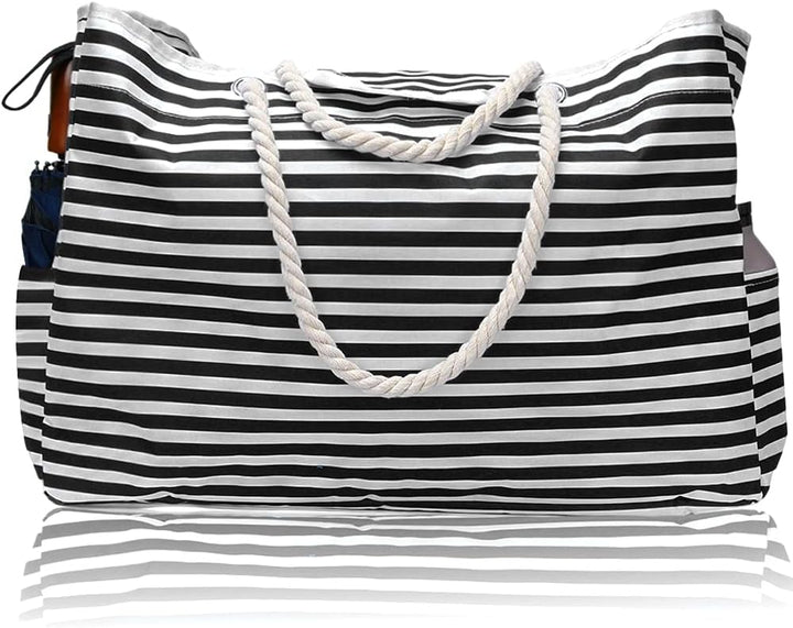 Front view of the extra large striped waterproof tote bag, great for carrying towels & swimsuits to the beach.