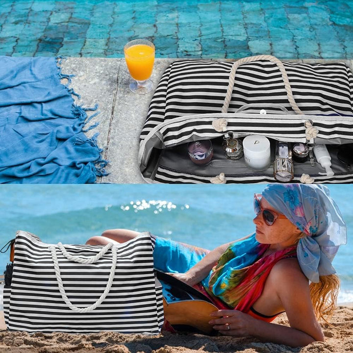 CoastCarry extra large striped beach bag, highlighting its secure zipper closure & water-resistant material.