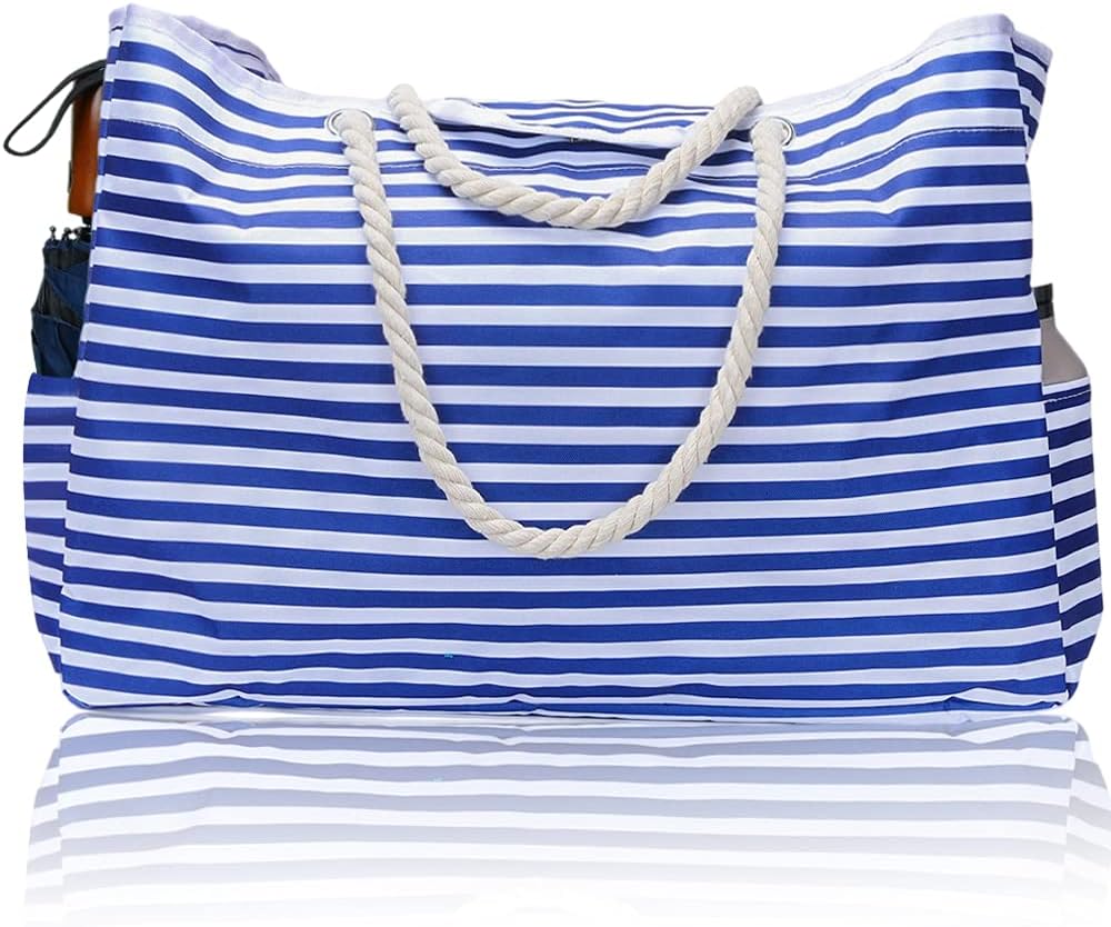 Stylish waterproof beach tote bag with a nautical striped pattern, perfect for men & women heading to the coast.