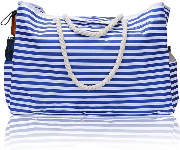 Stylish waterproof beach tote bag with a nautical striped pattern, perfect for men & women heading to the coast.