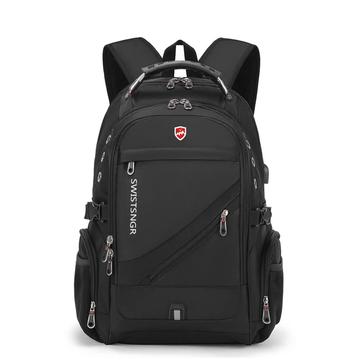 Unisex extra-large waterproof laptop & travel backpack with USB charging port.