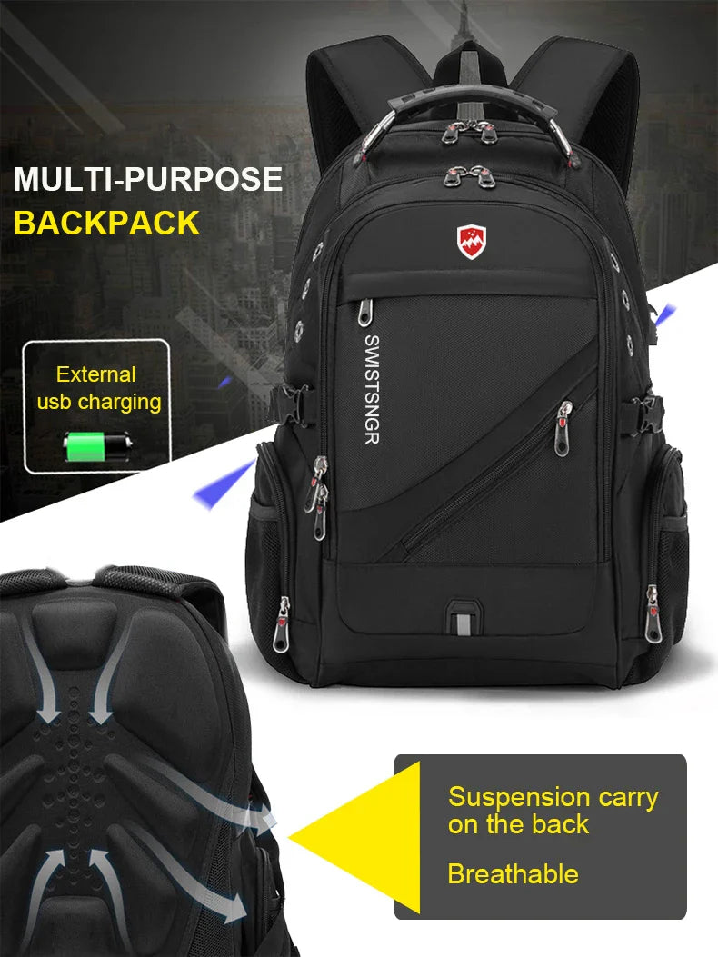 Front view of extra-large waterproof travel backpack with USB charging port and multiple pockets.