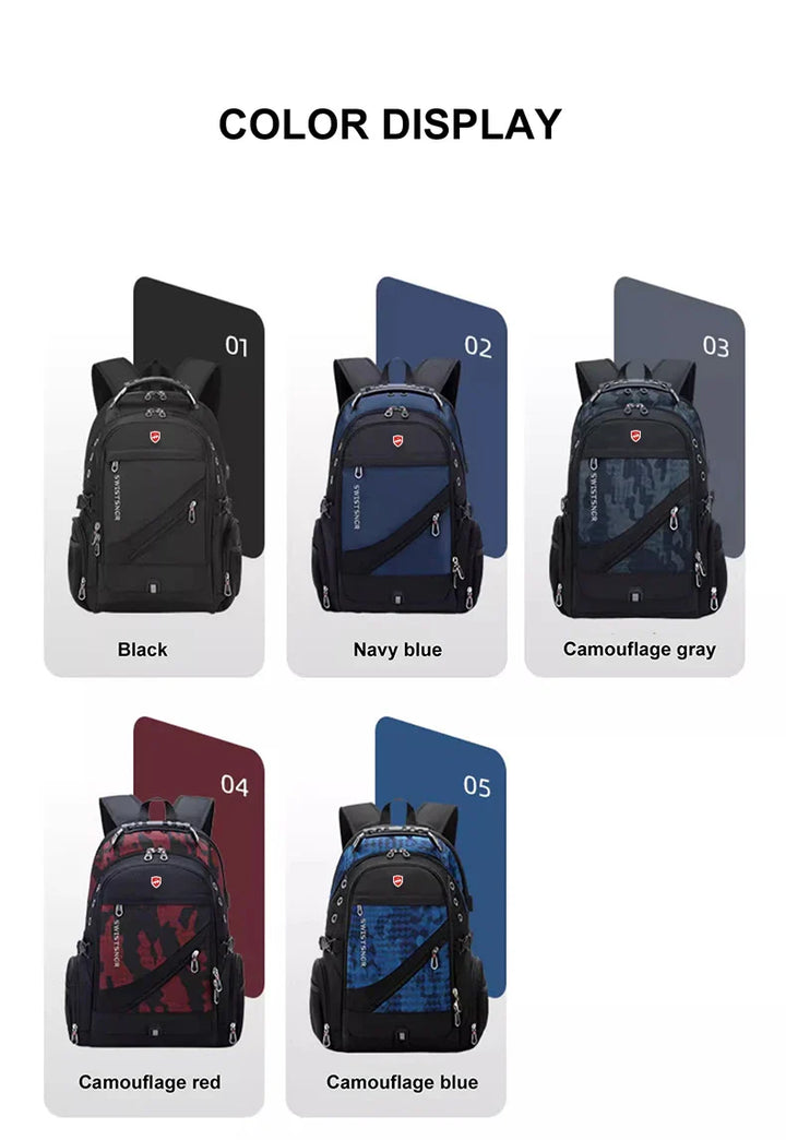Unisex model wearing extra-large waterproof travel backpack with laptop sleeve & USB feature.
