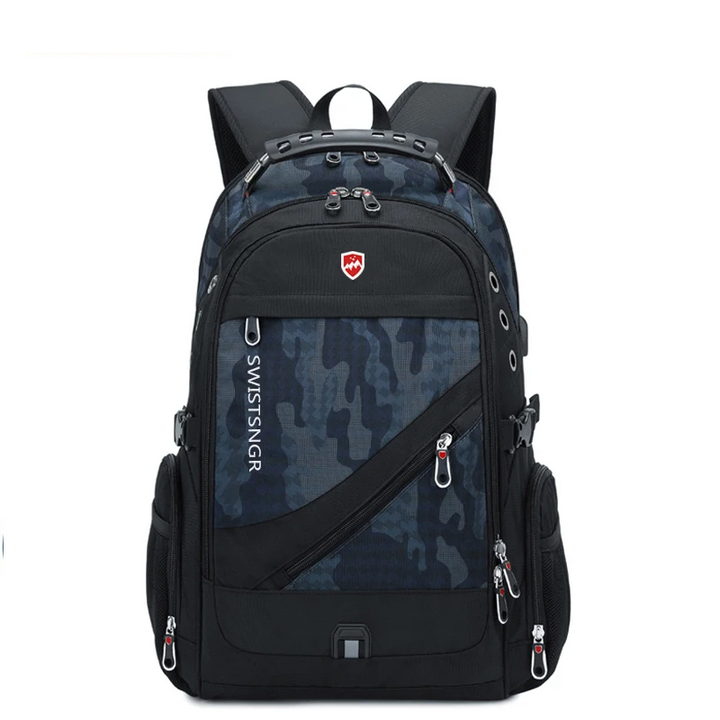 Black extra-large waterproof laptop backpack with USB, suitable for all travel & school needs.