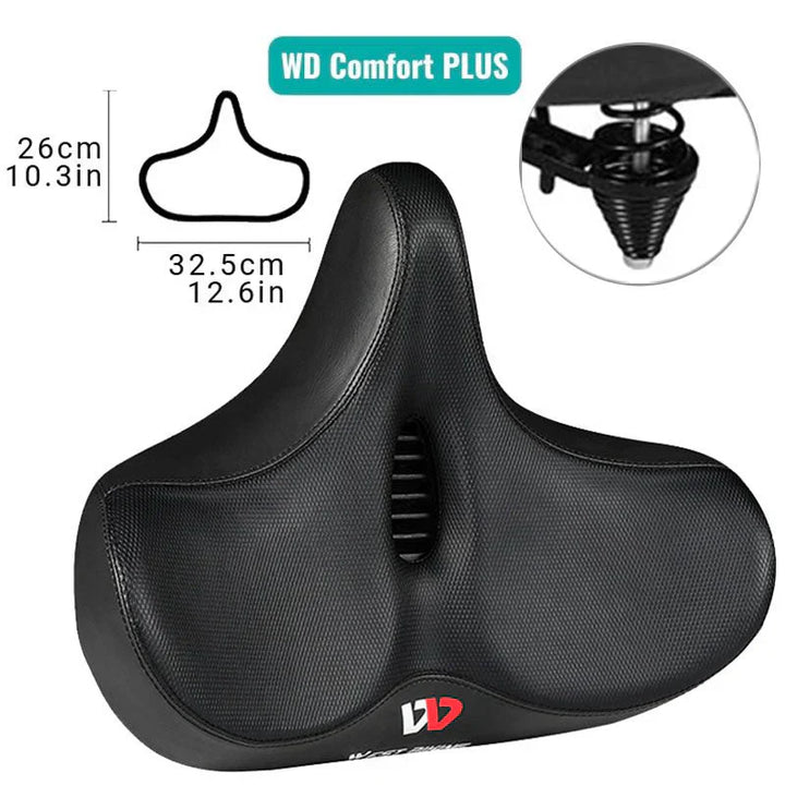 Memory foam extra wide bike saddle, shock absorbing for enhanced cycling comfort & support.