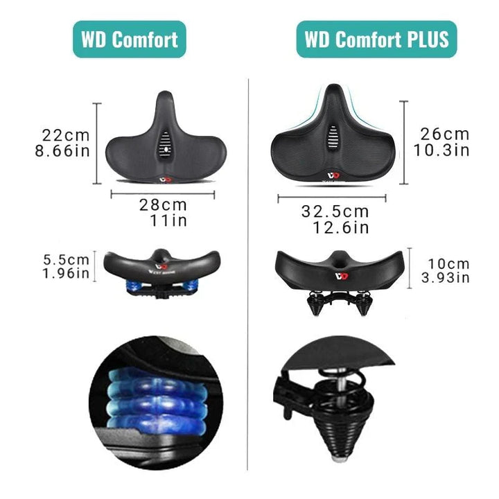Shock absorbing memory foam bike saddle, extra wide for maximum comfort on long distance rides.