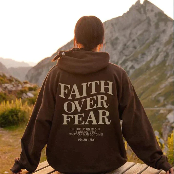 Unisex Faith Over Fear hoodie featuring Psalm 118:6 scripture. Comfortable Christian apparel for men & women.
