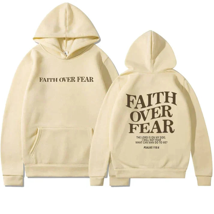 Cozy unisex Faith Over Fear hoodie with Psalm 118:6. Premium religious clothing for comfort & spiritual fashion.