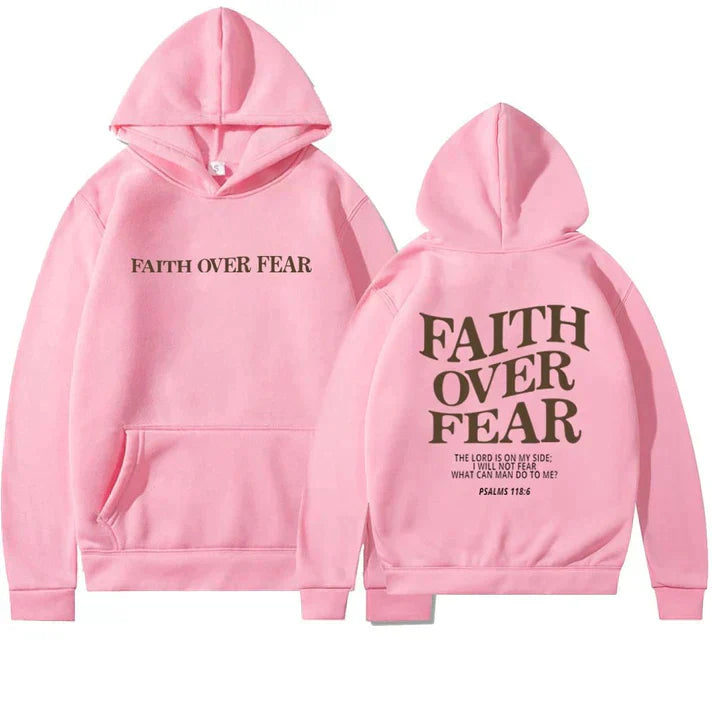 Versatile grey unisex Faith Over Fear hoodie, Psalm 118:6. Stylish Christian clothing for spiritual expression.