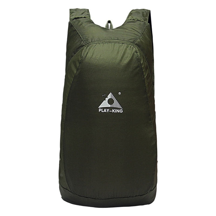 Compact folded 20L water-resistant travel backpack, shown in a portable, ready-to-go state.