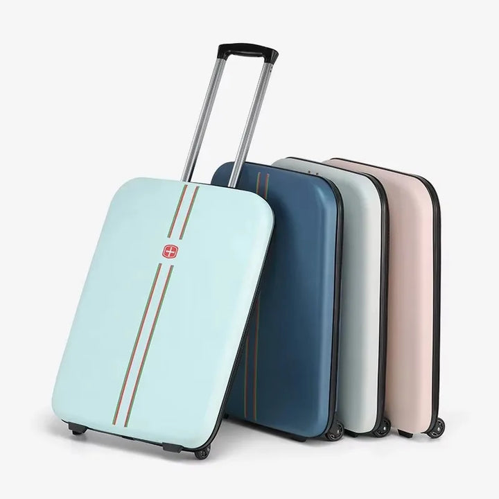 Unisex foldable hardshell suitcase for space-saving travel, a durable wheeled luggage solution.