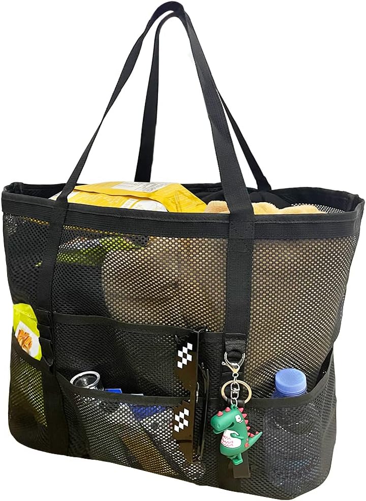 Unisex foldable mesh beach tote bag with 9 pockets, perfect for family fun at the beach or pool.