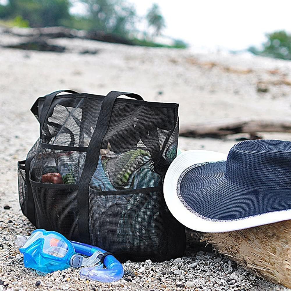 Foldable mesh beach tote, a lightweight travel organizer with 9 pockets for family vacations & pool days.