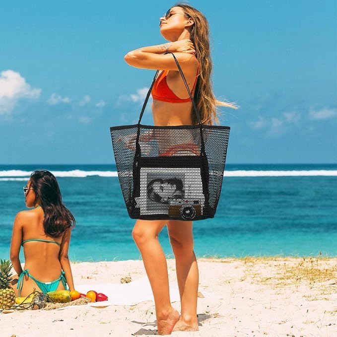 Unisex foldable mesh beach tote bag with inner pocket for essentials. Perfect quick-dry sand-proof travel bag.