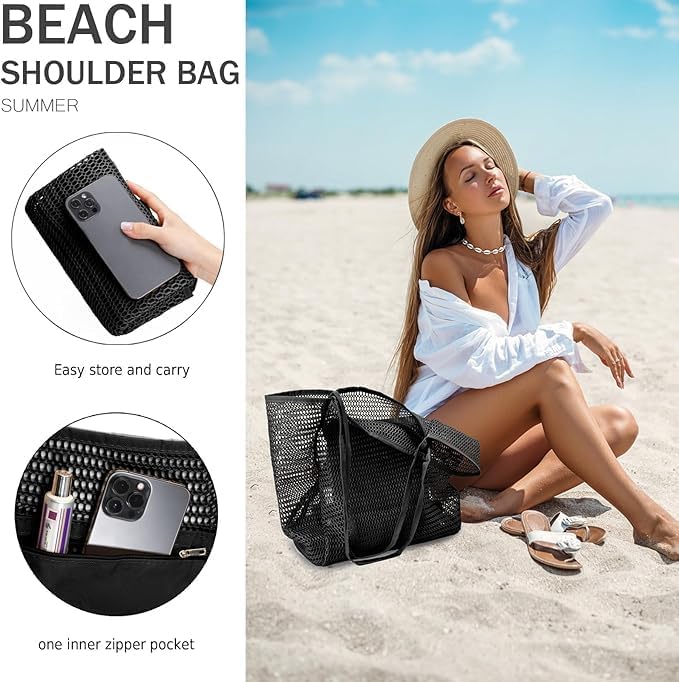 Lightweight foldable mesh beach tote bag with secure inner pocket. Great for travel, sand, and quick drying.
