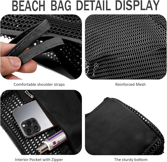 Durable foldable mesh beach tote with an inner pocket for keys & phone. Unisex design, quick-dry & sand-free.